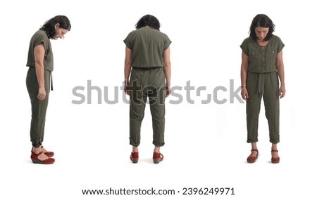 side, back and front view of a group of same woman standing looking at the floor searching for something on white background.