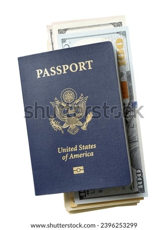 The passport the United States of America and dollars isolated on white background Royalty-Free Stock Photo #2396253299