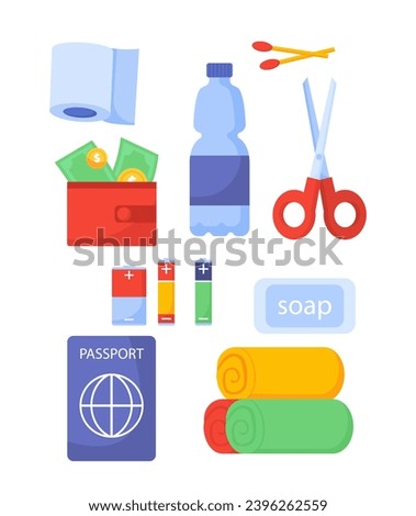 Emergency kit set. Foreign passport, bottle with water and scissors. Equipment for travelers and tourists. Graphic elements for website. Cartoon flat vector collection isolated on white background
