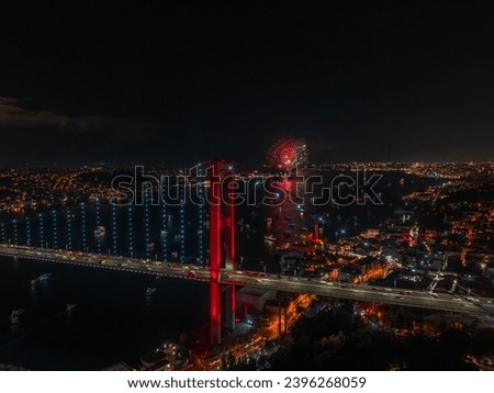 Aerial view of Turkey's largest concerts and celebrations and firework explosions on the Bosphorus, held on the 100th anniversary of the liberation of Istanbul