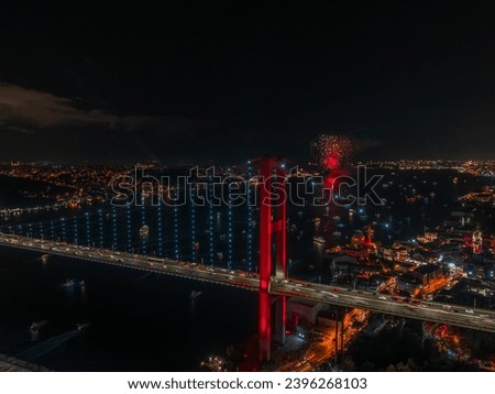 Aerial view of Turkey's largest concerts and celebrations and firework explosions on the Bosphorus, held on the 100th anniversary of the liberation of Istanbul