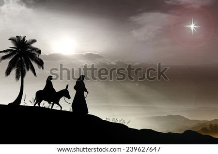 Christmas religious nativity concept: Mary and Joseph with a donkey