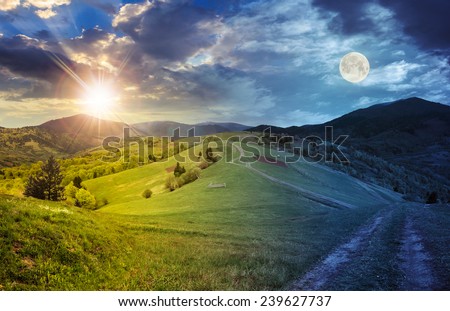 day and night collage landscape. fence near the meadow path on the hillside. village near forest in mountains with sun and full moon