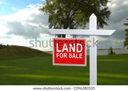 Conceptual sign against beautiful landscape with text - LAND FOR SALE