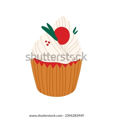 Christmas cupcake isolated on white background. Cute winter sweets food dessert vector illustration. Xmas icing muffin sugar cream with mistletoe