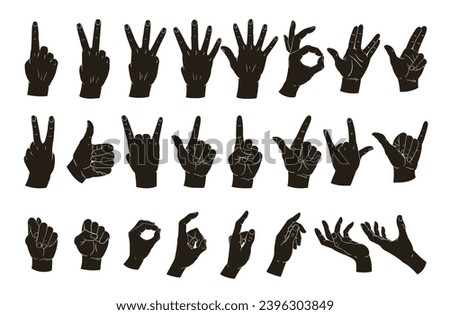 Hands silhouettes. Cartoon hand gestures, peace, okay and call position. Human hand gestures flat vector illustration set. Gesture silhouette collection Royalty-Free Stock Photo #2396303849