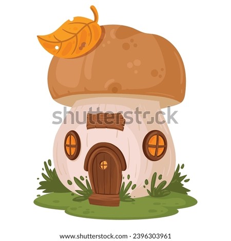 Mushroom tiny house. Cartoon fairy tale mushroom house, little gnome or fairy home flat vector illustration. Fantasy mushroom cottage