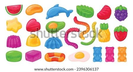 Cartoon jelly candy set. Fruity gummy, delicious jelly candy, chewy sweets with various flavors flat vector illustration set. Jelly candy collection Royalty-Free Stock Photo #2396306137
