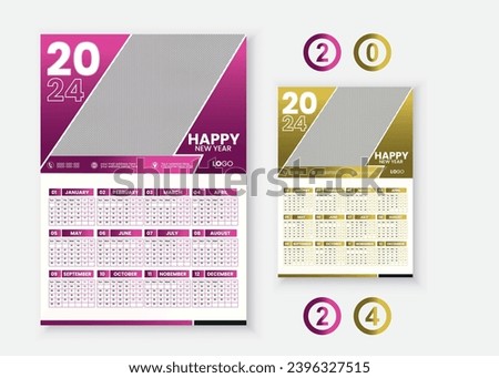 2024 One page wall calendar design template, modern 12 months one page calendar. Modern wall calendar design 2024. Print Ready One Page wall calendar template design for 2024. Week starts on Sunday. Royalty-Free Stock Photo #2396327515