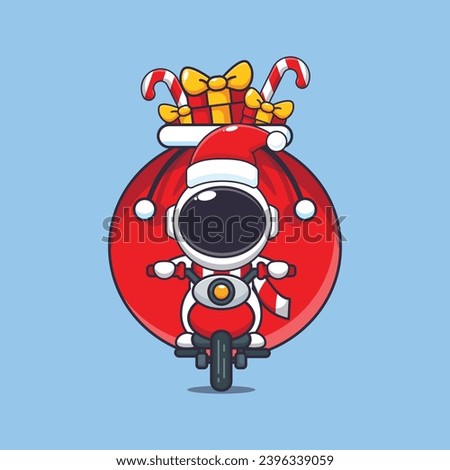 Cute astronaut carrying christmas gift with motorcycle. Cute christmas cartoon character illustration. 