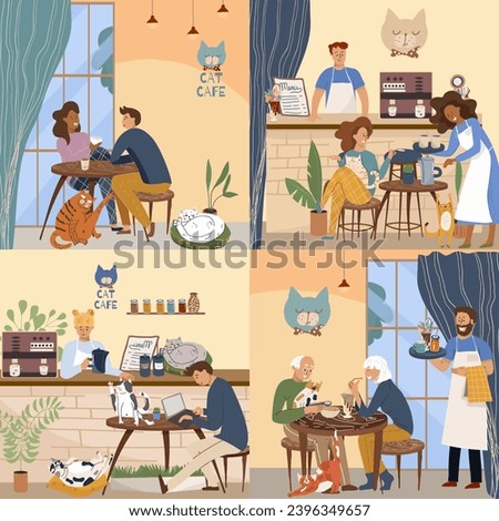 Set of vector mini illustrations with cartoon cat cafe characters, cat, dog, pet friendly, small business graphics, customer and barista. Modern flat vector.
