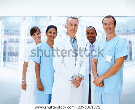 Portrait, smile and doctor with healthcare, nurse and career with happiness, clinic and diversity. Face, people and group with medical, professional or about us in a hospital, cooperation or wellness