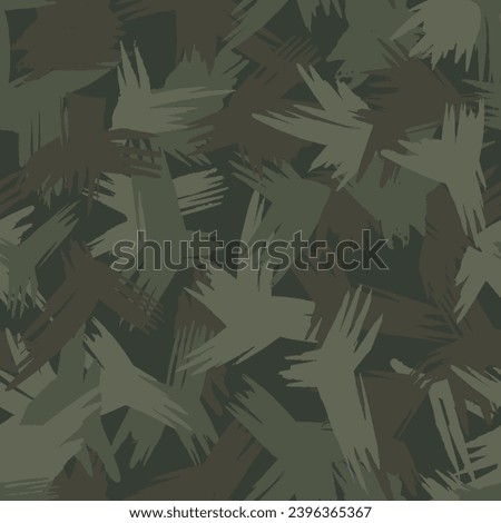 Fashion urban camouflage, modern design. Hand drawn camo with brush strokes. Grunge wing pattern. Khaki green and dark brown background. Textile printing. Vector seamless abstract texture Royalty-Free Stock Photo #2396365367