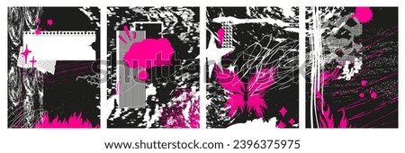 Set of grunge poster backgrounds. Punk aesthetic concept. Hand drawn pencil scribble, splatters, texture. Vector cover, banner, flyer or template.
