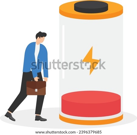 Exhausted from hard work, stressed or anxiety from unhealthy work or depression and burnout, low energy or motivation concept, fatigue and tired businessman stand with low battery sign.

