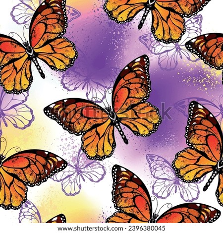 Seamless pattern of artistically drawn, vibrant, orange monarch butterflies on splashed purple and yellow colorful background. Monarch butterfly. Hand drawn vector art.