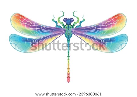Rainbow, realistic, symmetrical, artistically drawn, in bright colors with textured, patterned wings on white background. Rainbow dragonfly. Hand drawn vector art.