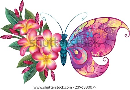 Floral butterfly with wings painted with droplets of pink, yellow and blue paint, decorated with pink, blooming, detailed plumeria. Fairy Butterfly. Hand drawn vector art. Royalty-Free Stock Photo #2396380079