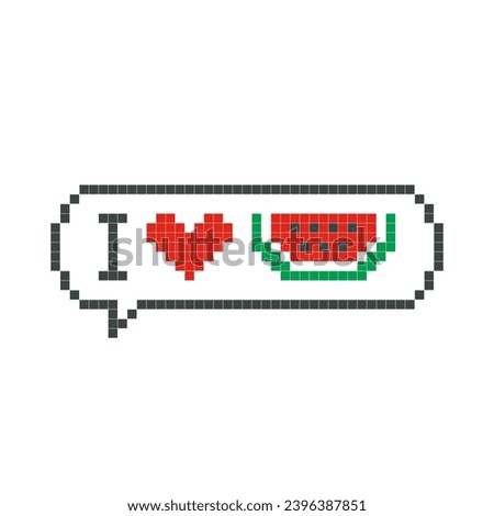 I Love Watermelon speech bubble pixel art, isolated on white background. Vector illustration of computer game graphics, cute decorations, stickers, dialogue balloons. Geometric style, mosaic, 8 bit.