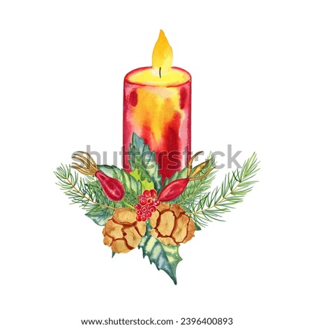 Christmas lit candle and decoration with holly branches and pine branches watercolor arrangement. Hand drawn New Year's card. Cozy festive decoration.