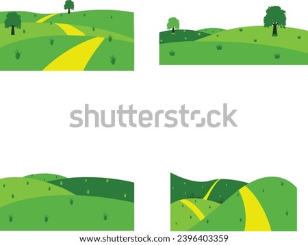 Field Green Hills With Minimalist Design Concept. Vector Icon Set.