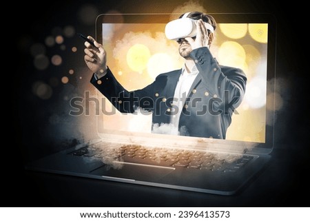 Abstract image of young european business man with VR glasses stepping out of blurry bokeh laptop screen on dark background. Metaverse, ai, virtual reality concept