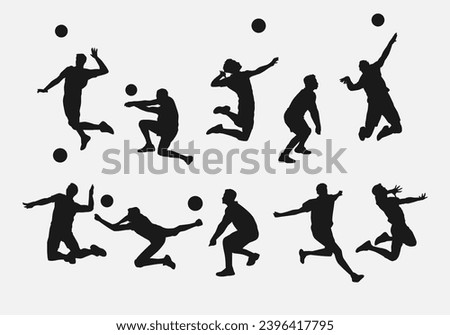 set of male volleyball player, athlete silhouettes. various different pose, gesture. vector illustration.
