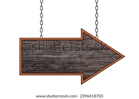 Blank black hardwood arrow sign hanging on iron chains. Arrow sign. Signboard isolated on white background