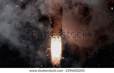 Rocket Launch at Night Powerful Takeoff with Fiery Engine and Sparking Embers. Space shuttle rocket launch concept wallpaper. Elements of this image furnished by NASA Royalty-Free Stock Photo #2396420243