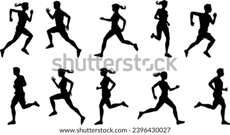 Runner silhouette set of sprinters, runners and joggers running track or jogging. People silhouettes in outline. Women and men, male and female athletes racing. Royalty-Free Stock Photo #2396430027