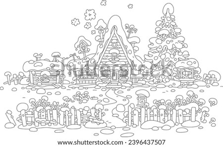 Cozy little house with a smoking chimney, a bathhouse, a woodshed, a draw-well, a spruce tree and a fence on a snowy winter day in a village, black and white vector cartoon illustration