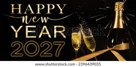 Happy new Year 2027, celebration new year's eve holiday background banner greeting card with text - Clinking glasses, sparkling wine or champagne glasses on dark black night background 