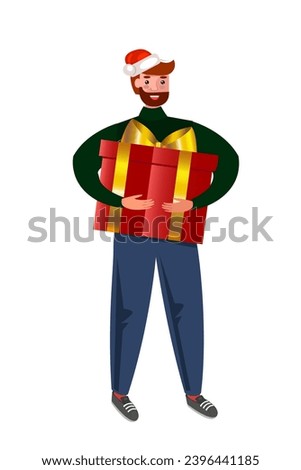 Vector man with red Christmas present and Santa hat. Great character for family celebration, new year party concept.