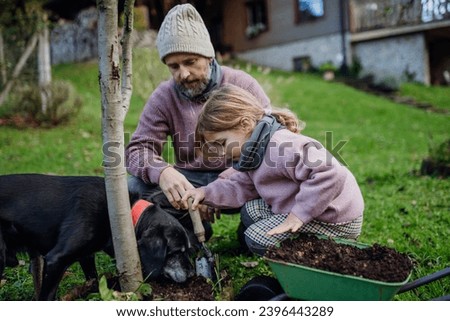 Girl and father planting tree in garden in the spring, using compost. Concept of sustainable gardening family gardening. Royalty-Free Stock Photo #2396443289