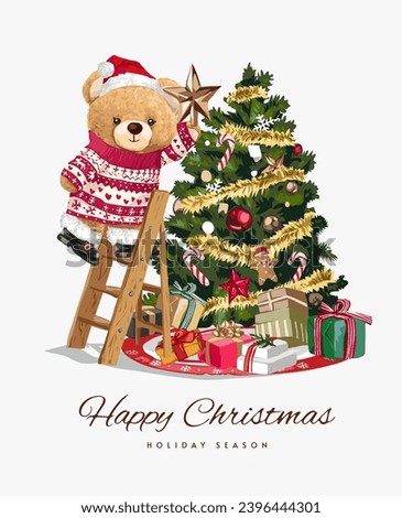 happy christmas card with cute bear doll decorating christmas tree vector illustration