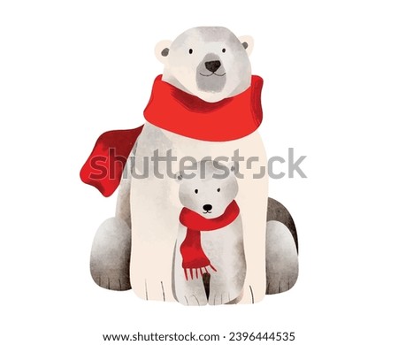 Cute family of polar bears. Mom and baby bears in red winter scarfs, Watercolor, Vector  illustration. Cozy clip art element, ready to print. Perfect for invitation, card, poster, banner, decorations