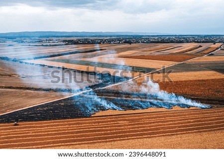 Wheat field stubble burning after the harvesting of grains is one of the major causes of air pollution, aerial shot from drone pov, high angle view Royalty-Free Stock Photo #2396448091