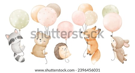 Watercolor forest animal with balloon Fox Deer Bear Raccoon Decoration nursery kids Birthday girl party Print for invitation card Baby shower Poster Template