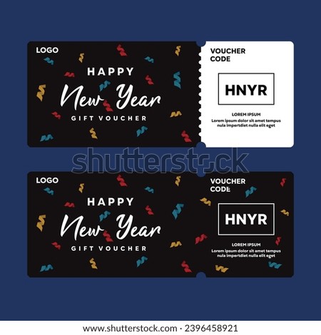 Happy new year voucher card template design. Black background and confetti. Vector illustration of promotional coupon code, voucher.