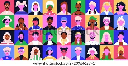 Creative face avatars set. Abstract male, female characters in modern trendy style. Colorful quirky head portraits, group. Diverse stylish people, fashion men, women. Colored flat vector illustration