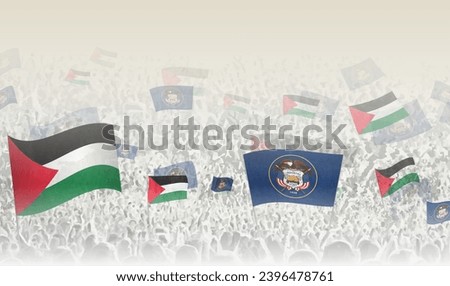 Palestine and Utah flags in a crowd of cheering people. Crowd of people with flags. Vector illustration.