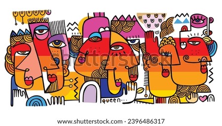 Group of colorful abstract face portrait hand drawn lines, doodle, drawing vector art print illustration.