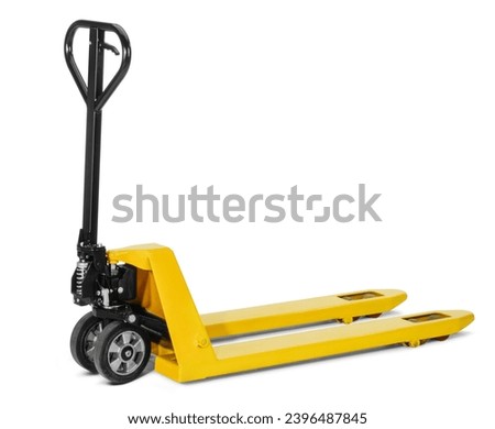 Yellow manual pallet jack isolated in white back with shadow Royalty-Free Stock Photo #2396487845