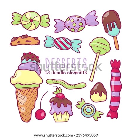 Vector set of sweets in doodle style. In color, on a white background. 13 elements
