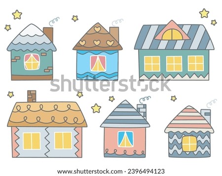 Simple colored hand drawn house set. Cute houses and buildings clip art cartoon. Housing collection doodle sketch style, isolated vector illustration