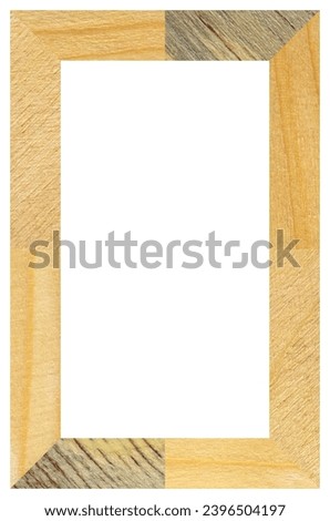 Wooden marquetry rectangle pine frame, wooden frame made from a combination of different woods, isolated on a white background