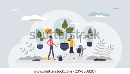 Sustainable innovation and smart ecological business tiny person concept. Green, sustainable and nature friendly company development with innovative investment vector illustration. Growth or progress Royalty-Free Stock Photo #2396508209