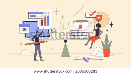 Work life balance for Gen Z with work and leisure harmony retro tiny person concept. Weights with professional business career objectives or personal life and wellness priorities vector illustration. Royalty-Free Stock Photo #2396508281