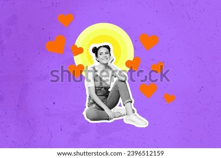 Collage sketch magazine of cute pretty dreamy girl sitting thinking her boyfriend isolated on purple color drawing background