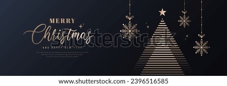 Merry christmas and happy new year banner. Elegant golden line christmas tree, snowflake decoration, star on dark background. Luxury xmas greeting card design. Vector Illustration Royalty-Free Stock Photo #2396516585